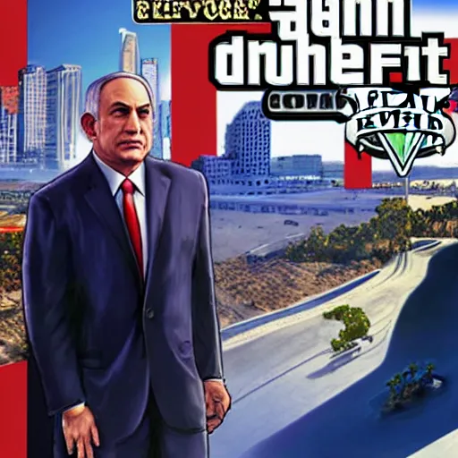 Prompt: benjamin netanyahu on a GTA v cover