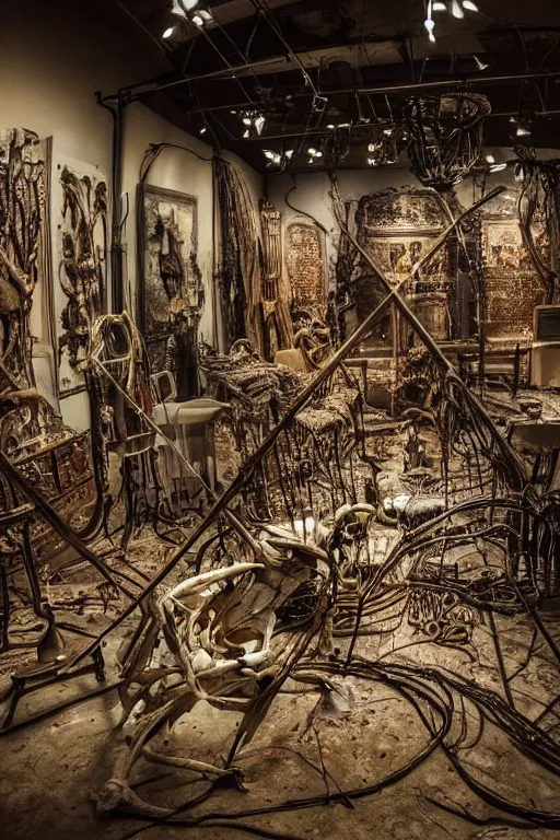 Image similar to inside a museum, a room where body parts are piece of arts at night biomechanical, filth and grim, wires and strings, very detailed, ultra realistic photography, grainy image