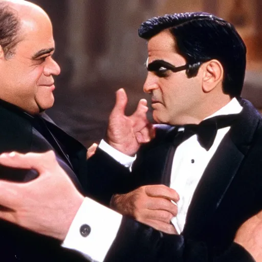 Prompt: Danny DeVito as the batman fighting George Clooney as the penguin