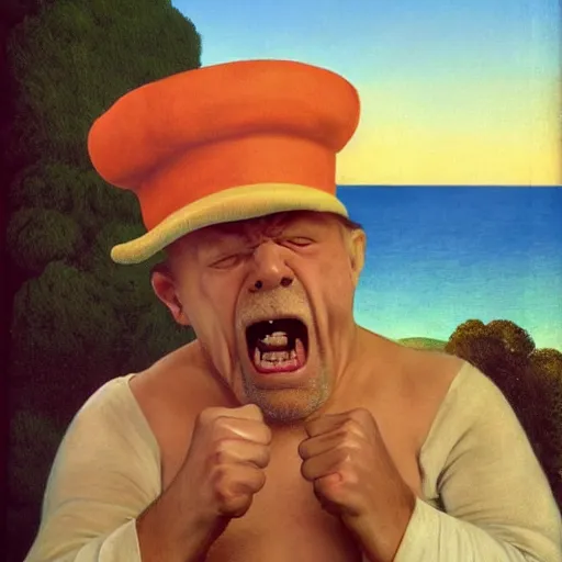 Image similar to a crazy-cooky-old-man yelling and screaming with his fist raised in the air, wearing a funny hat by Raphael, Hopper, and Rene Magritte. detailed, romantic, enchanting, trending on artstation.