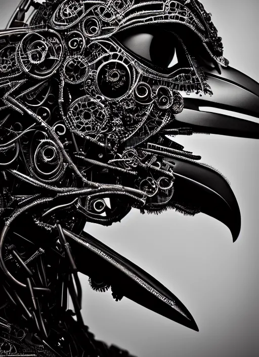 Image similar to a stunning young female crow mixed cyborg profile face, face is made intricate tribal bio - mechanical, editorial photography, bw, shot on 7 0 mm, depth of field, f / 2. 8, high contrast, 1 6 k, volumetric lighting, shiny, insanely detailed and intricate, hypermaximalist, elegant, ornate, hyper realistic, super detailed