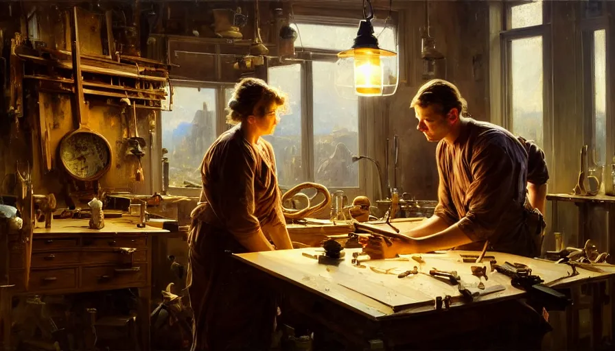 Image similar to highly detailed oil painting | very intricate | cinematic lighting | award - winning | craftsman | building a piece of furniture in their workshop | by greg rutkowski, by j. c. leyendecker, beautiful cinematic light, american romanticism, by anders zorn, by greg manchess, by jessica rossier, artstation, cgsociety, official art, octane