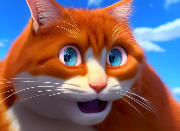 Image similar to a portrait of ginger cat yawning, close up, studio ghibli, pixar and disney animation, sharp, rendered in unreal engine 5, clear sky, anime key art by greg rutkowski, bloom, dramatic lighting