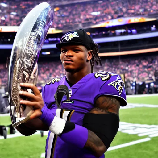 Image similar to portrait. lamar jackson baltimore ravens. holding lombardi trophy. sports photo. award winning photograph. lamar jackson's detailed face