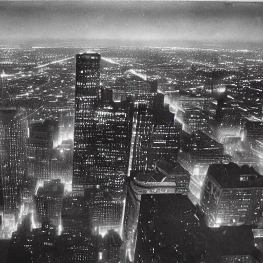 Image similar to photorealistc painting of a nightmarish boston downtown skyline in 1 9 2 5 at night, aerial view, dark, brooding, night, atmospheric, horror, cosmic, ultra - realistic, smooth, highly detailed