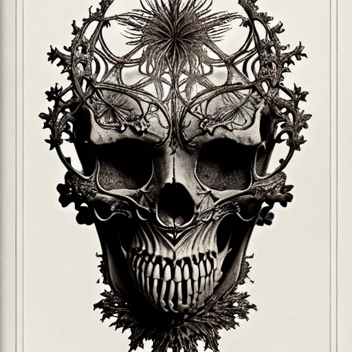 Image similar to art forms of nature by ernst haeckel, memento mori by arthur rackham, ornate antique porcelain beautiful skull mask, ultrasharp, photorealistic, hyperdetailed, octane render, polished, art nouveau, neo - gothic, gothic, intricate ornamental organic filigree, art nouveau botanicals, art forms of nature by ernst haeckel, horizontal symmetry, symbolist, visionary