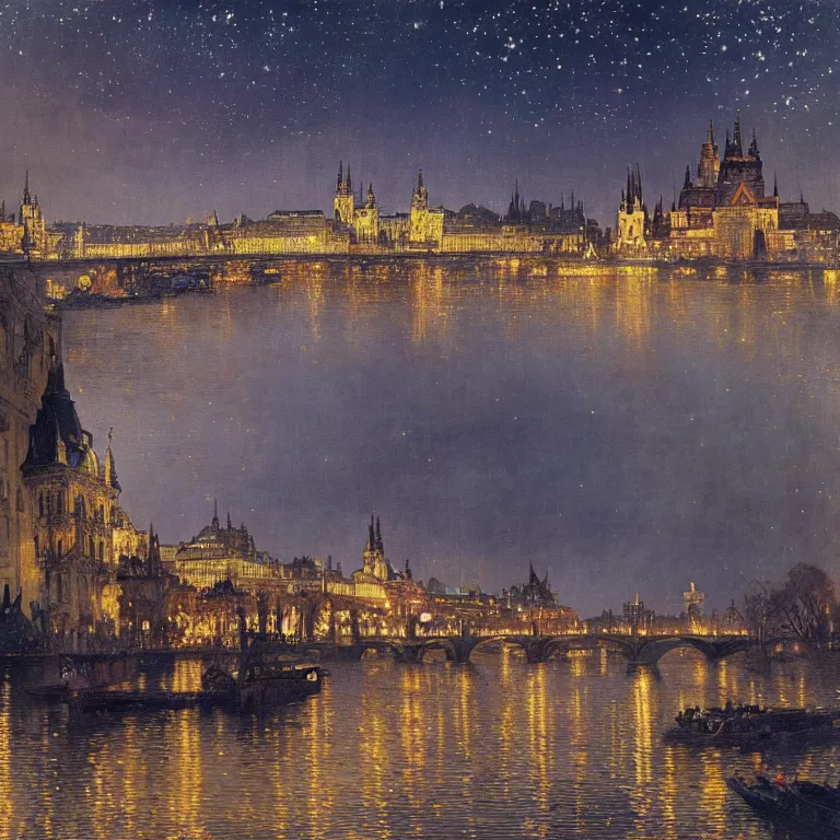 Image similar to a beautiful painting of the view from the river of london or prague during a fireworks festival, at night with a sky full of stars and fireworks, intricate, elegant, highly detailed, digital painting, artstation, concept art, by krenz cushart and artem demura and alphonse mucha