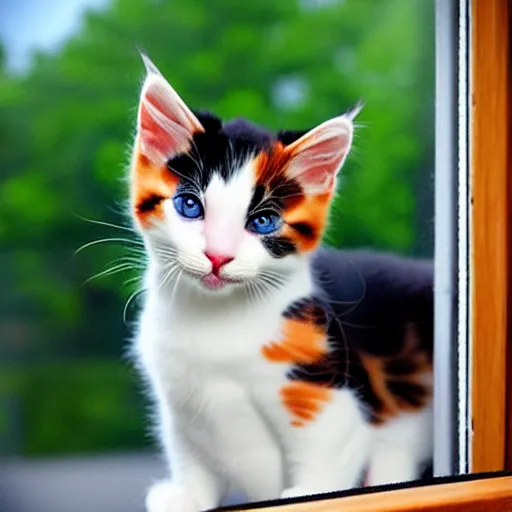 Prompt: cute calico kitten looking out of the window on a [ [ [ [ [ beautiful ] ] ] ] ] ] summer day, featured on artstationg, gorgeous!!!