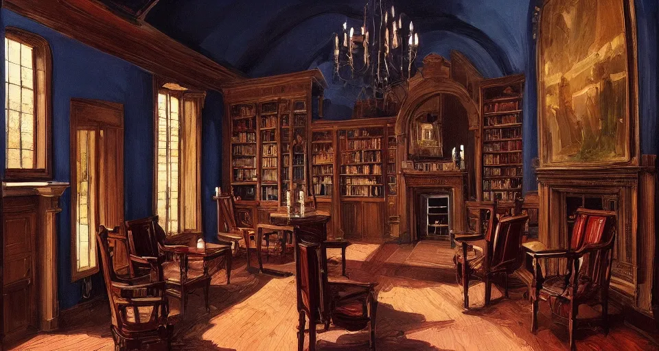 Prompt: Dark victorian hall with two chairs and fireplace. Stained-glass above, bookshelves, by Stefan Koidl. artstation, blue lighting.