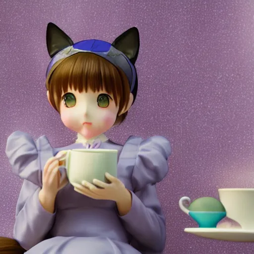 Image similar to Manga cover portrait of an extremely cute and adorable beautiful Victorian-chan ASMR anime girl with cat ears sipping a cup of tea, 3d render diorama by Hayao Miyazaki, official Studio Ghibli still, color graflex macro photograph