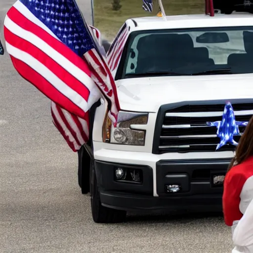 Image similar to pgoto of biden pickup trucks with american flags, there are very attractive woman in the back of the truck.