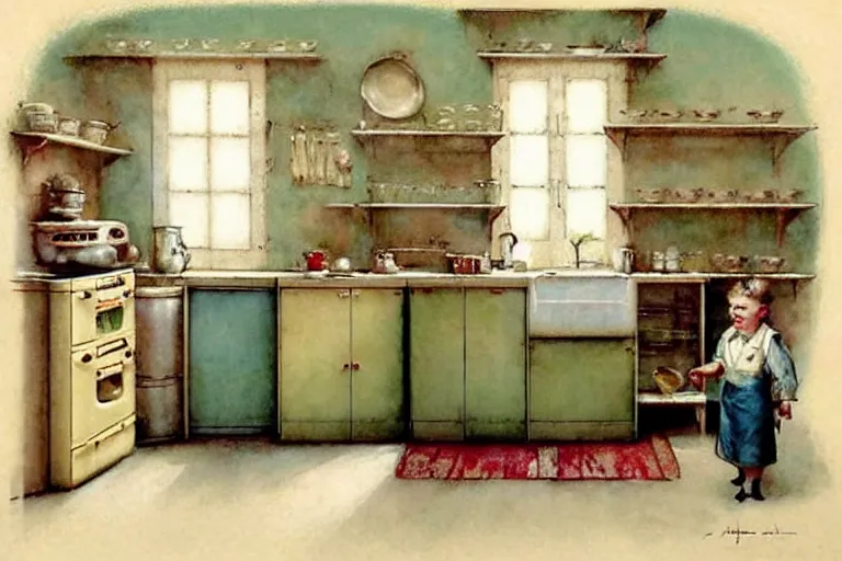 Image similar to ( ( ( ( ( 1 9 5 0 s retro kitchen interior scene. muted colors. ) ) ) ) ) by jean - baptiste monge!!!!!!!!!!!!!!!!!!!!!!!!!!!!!!