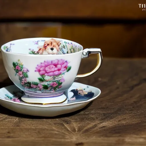 Prompt: a small morkie dog with grey hair in a old beautiful tea cup designed in china with flower on it