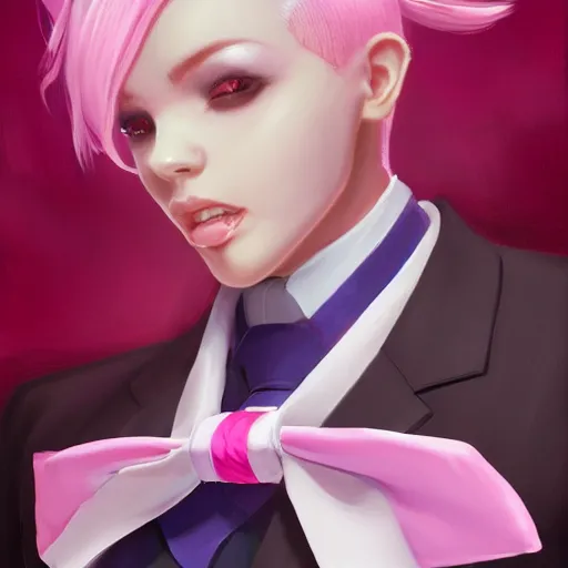 Prompt: portrait of woman with pink hair, large red eyes, and white rabbit ears wearing a purple suit with a red tie and a pink miniskirt, character design by ross tran, bo chen, rebecca oborn, michael whelan, artstation