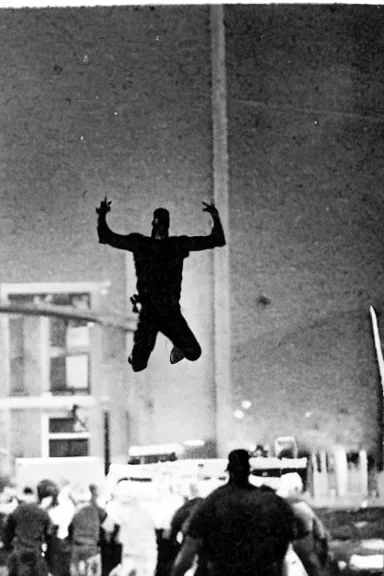 Image similar to a photo taken from a distance of police surrounding a man floating in the air with his hands up