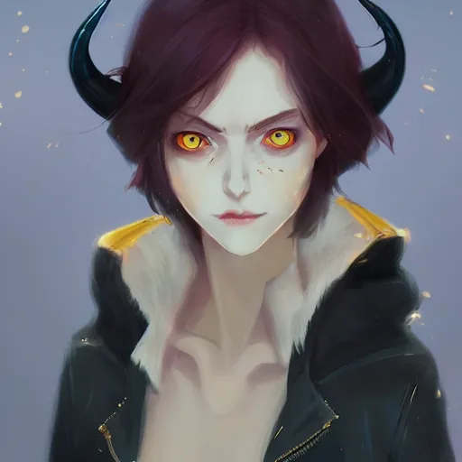 Image similar to a pale demoness with yellow eyes and horns wearing a jacket, highly detailed, digital painting, artstation, matte, by makoto shinkai, animation style