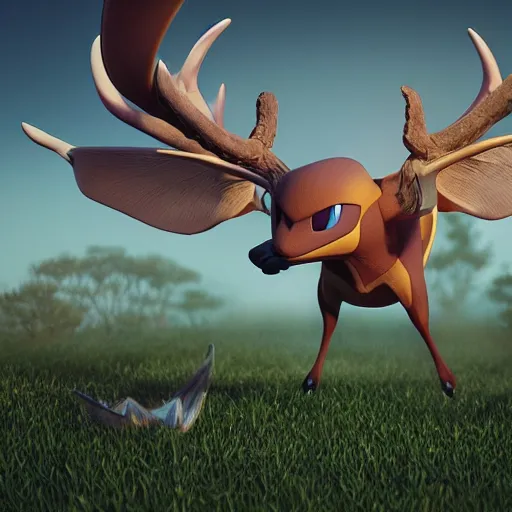 Image similar to a air type pokemon, flying deer pokemon, skin reflexion zbrushcentral matcap :: by beeple by Raffaello Sanzi and Chao Teng Zhao :: centered,pixar and dreamwork artstation, smooth, sharp focus, octane render, 3d rim light