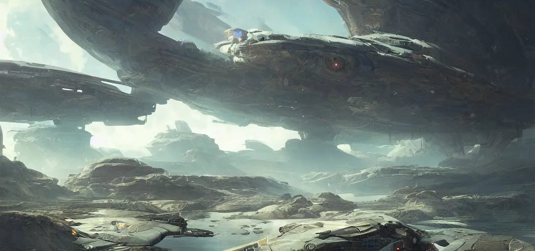 Image similar to landscape painting of a futuristic rugged spaceship landing on an alien world, colonisation, ultra realistic, concept art, intricate details, eerie, highly detailed, photorealistic, octane render, 8 k, unreal engine. art by artgerm and greg rutkowski and alphonse mucha