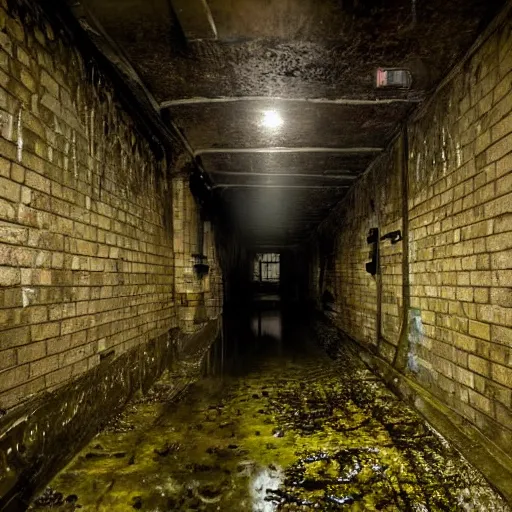 Prompt: down in the sewers of london, dark damp atmosphere, water dripping from the moss covered ceiling, a sinister dark figure is standing at the end of the sewer,