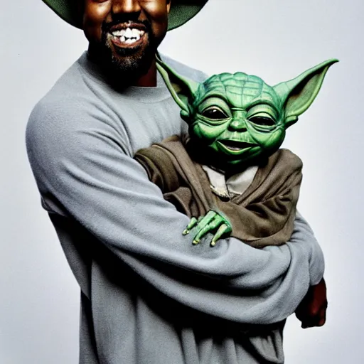 Image similar to kanye west smiling and holding yoda yoda for a 1 9 9 0 s sitcom tv show, studio photograph, portrait