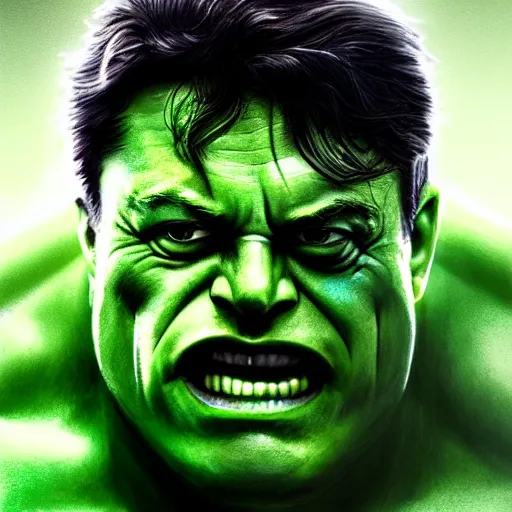 Image similar to elon musk as the incredible hulk, trending on artstation, ultra realistic, portrait, only head and shoulders, fine detail, intricate hair, fine textures, soft shadows, hdr, digital art