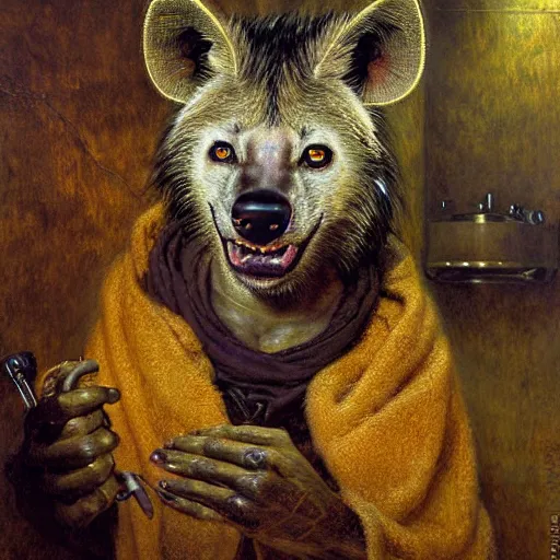 Prompt: portrait of a male hyena wolf wearing towel in front of a bath. shadowrun furaffiniy cyberpunk fantasy highly detailed painting by gaston bussiere craig mullins jc leyendecker gustav klimt artgerm greg rutkowski john berkey, bergey, craig mullins, ruan jia, raymond swanland, jeremy mann, tom lovell, alex malveda