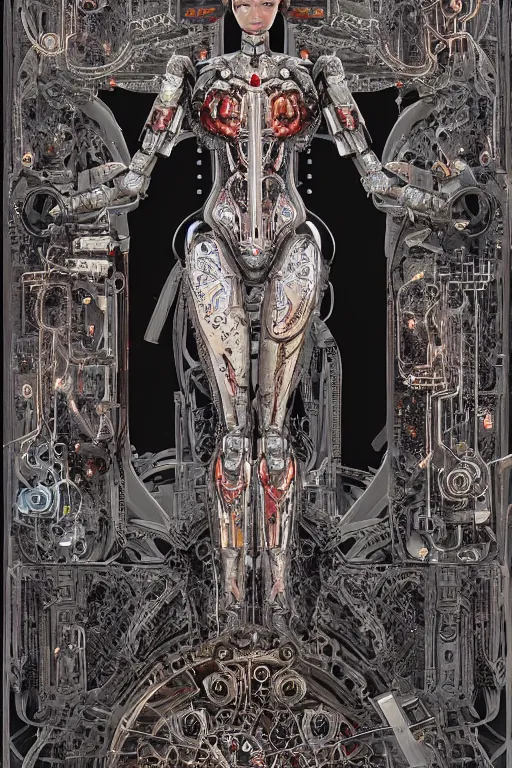 Image similar to a beautiful mechanized feminine android goddess of the quantum realm, westworld, photorealistic, intricate detail, elaborate machinery, clockwork, torn tapestry, swirling smoke, ember particles, regal design, royal relief