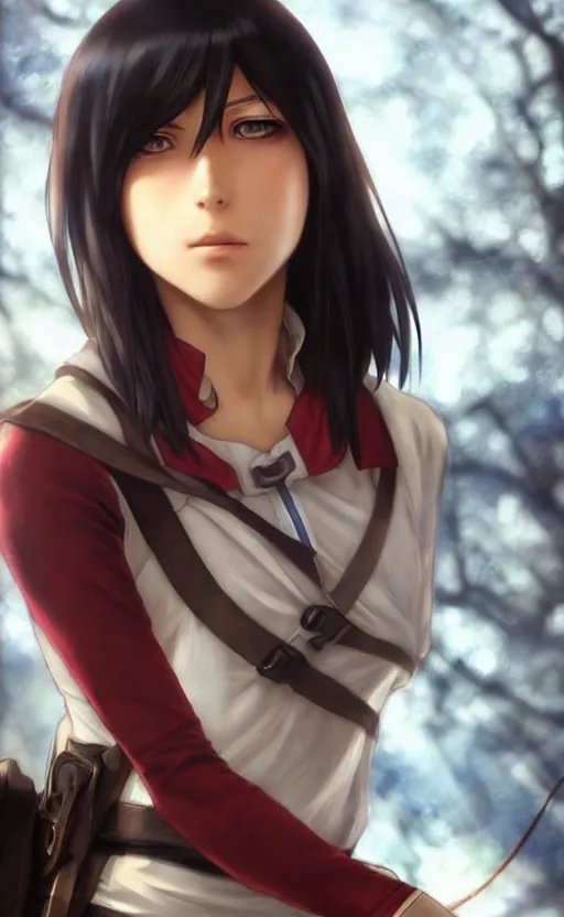 Image similar to mikasa ackerman, hero pose, medium shot, bokeh, beautiful face!!!!, 2 7 years old, cg animation, lifelike, animated, realistic, character select portrait, by artgerm, greg rutkowski, alphonse mucha, 3 d