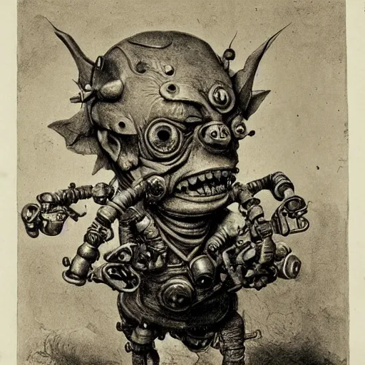 Prompt: horrible ragged little cyborg dwarf goblin with maniacal expression and bulging eyes, mechanical implants attached to head, byzantine hong kong hoarder labaratory, anatomical study by Rembrandt and Bruegel and Carvaggio, studio Ghibli composition