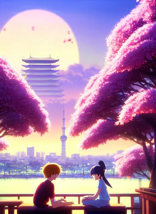 Image similar to a wholesome animation key shot, tokyo city in the background, cherry blossoms in the foreground, studio ghibli, pixar and disney animation, sharp, rendered in unreal engine 5, anime key art by greg rutkowski, bloom, dramatic lighting