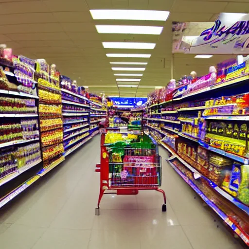 Image similar to supermarket aisles, fisheye lens, color, fluorescent lighting,