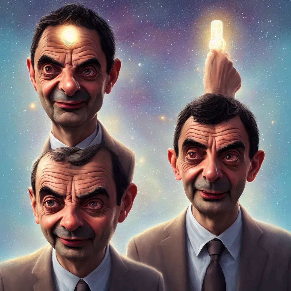 Prompt: Portrait of Mr Bean reaching enlightenment and becoming one with the universe, highly detailed, concept art, illustration, cinematic, artstation, digital painting, mystical, zen