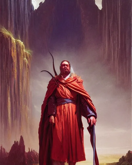 Prompt: A lawful good dnd wizard, he wears robes. Award winning oil painting by Thomas Cole and Wayne Barlowe. Highly detailed