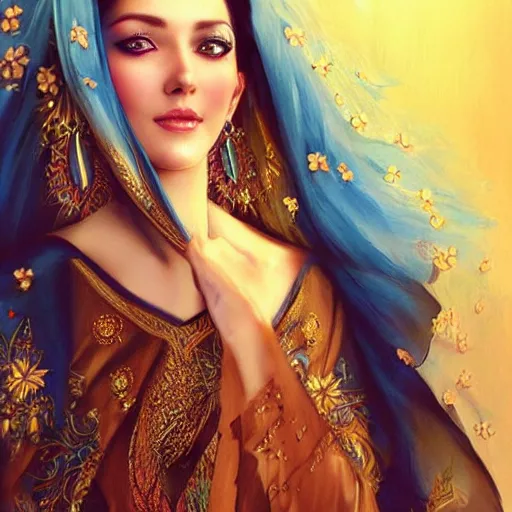 Image similar to a beautiful arabian woman wearing a kaftan by karol bak, ayami kojima, artgerm, arabian beauty, blue eyes, smile, concept art, fantasy