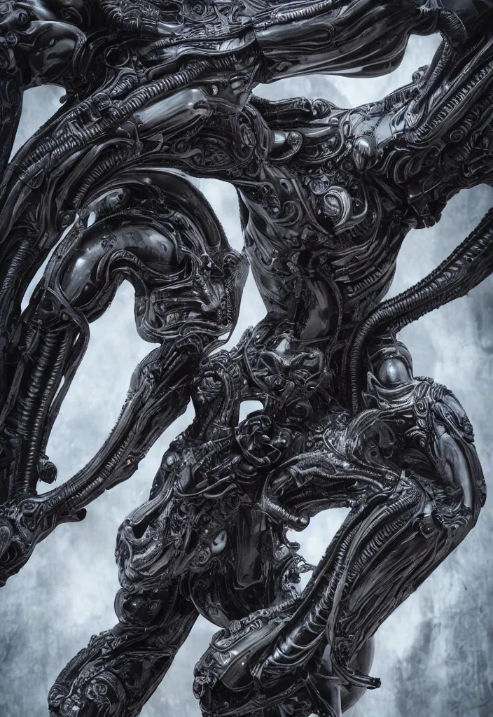 Image similar to engineer prometheus, xenomorph alien, highly detailed, symmetrical long head, smooth marble surfaces, detailed ink illustration, raiden metal gear, cinematic smooth stone, deep aesthetic, concept art, post process, 4k, carved marble texture and silk cloth, latex skin, highly ornate intricate details, prometheus, evil, moody lighting, hr geiger, hayao miyazaki, indsutrial Steampunk