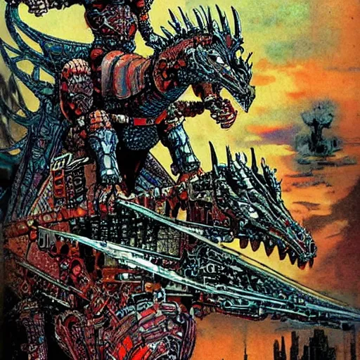 Image similar to middle age knight riding a giant mechanical dragon, art by philippe druillet,