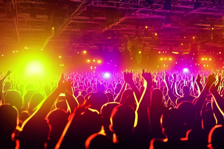 Prompt: crowd partying with their hands up at a festival, silhouette, moving heads light beams, light show, digital art, vivid colors, trending on artstation, 4k, unreal engine, intricate, ornate