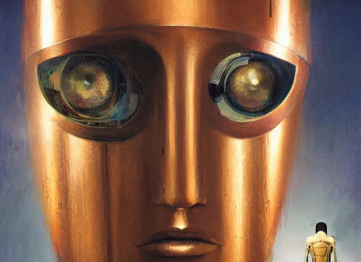 Image similar to asymmetrical portrait headshot of sci fi metallic human, bright eyes, melancholic complex geometric figure liminal biomechanical by oskar schlemmer, moebius, john berkey, film grain, oil on canvas, portrait facial head, featured on artstation, hd wallpaper, 8 k, bright colors, global radiant light