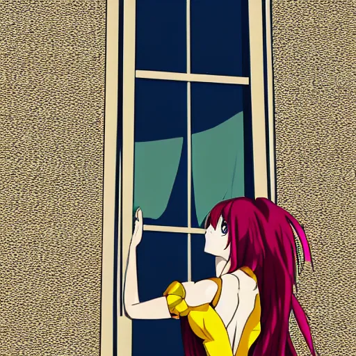 Prompt: an attractive anime woman with multicolored hair looking out of a window of a tall building