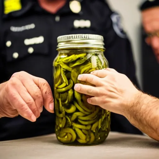 Image similar to police interrogating a jar of pickles