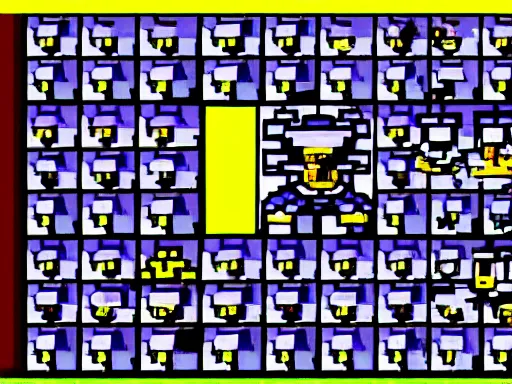 Image similar to screenshot of a 1 9 9 3 1 6 - bit snes mega man game consisting of a grid of 9 framed closeup face portraits of cute evil robots.