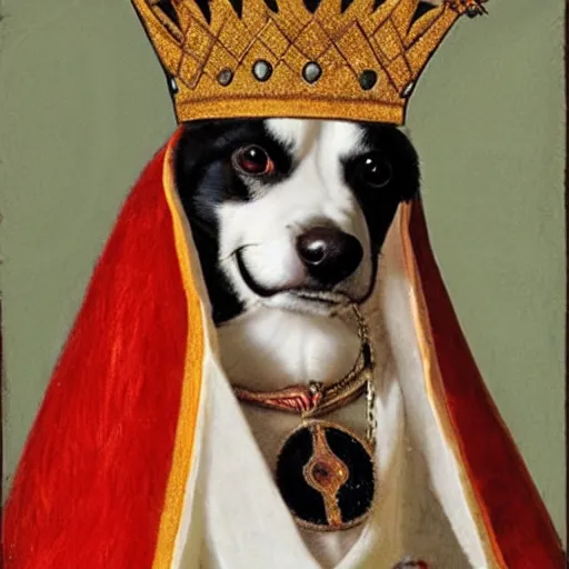Image similar to a detailed portrait of a dog in kings robes and wearing a crown
