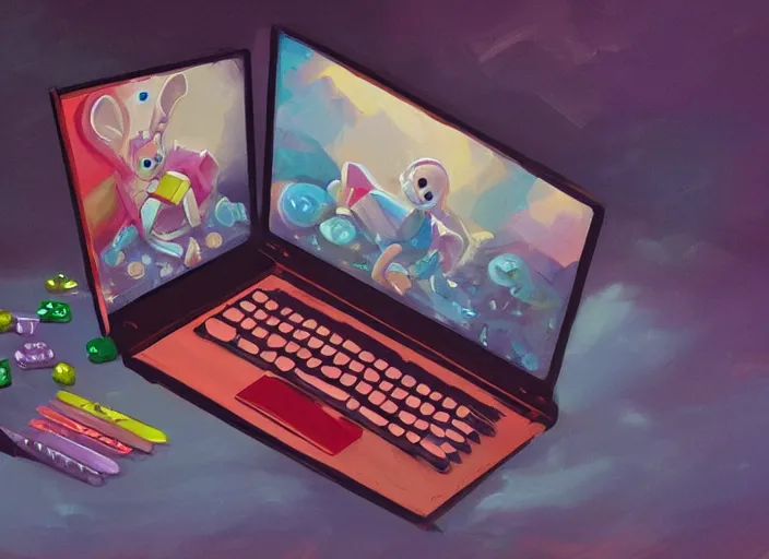 Prompt: concept design of cute laptop for a aaa game, must be made by types of candy the car, oil painting by eren arik and jama jurabaev, extremely detailed, brush hard, artstation, high quality, brush stroke