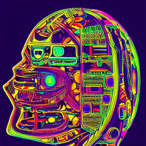 Prompt: hyperdetailed portrait of a futuristic trippy smiling robot head, 8 k, symetrical, flourescent colors, halluzinogenic, multicolored tshirt art, hajime sorayma, black background