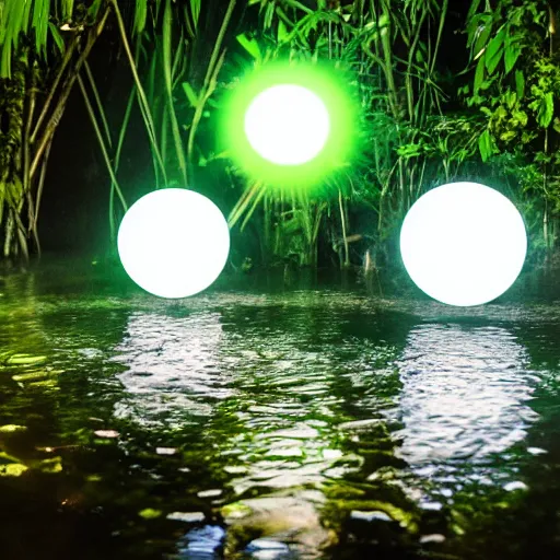 Prompt: photo of 3 glowing orbs floating above the water in a pond surrounded by a lush jungle