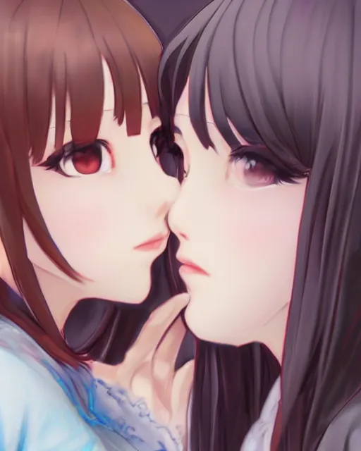 Image similar to portrait of two girls kissing, anime, drawn by WLOP, trending on Artstation