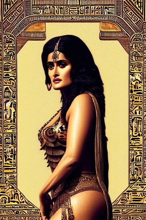 Prompt: Portrait of Salma Hayek as Cleopatra, intricate art deco leaf designs, elegant, highly detailed Egyptian patterns, hieroglyph, sharp focus, art by Artgerm and beeple