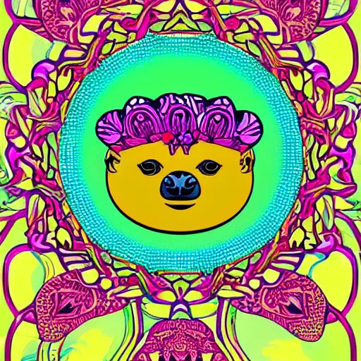 Prompt: beautifully ornate art nouveau opart glowing chunky baby capybara neon wearing a flower crown with mushrooms with flower mandala in background poster art by victor moscoso and gilbert shelton, saturated bright pink orange and green, 8 k, artstation