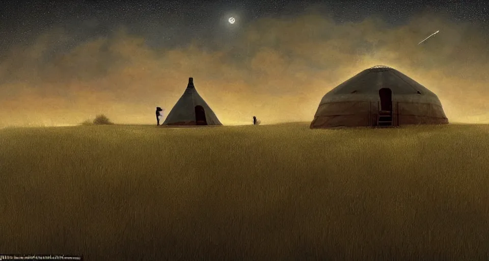 Image similar to night, stars shining, a yurt, in the steppe, summer field, in background a giant!!!!! rusty building construction of spiral upside - down stairs!!!!!, from the game pathologic 2, highly detailed, sharp focus, matte painting, by isaac levitan and asher brown durand,