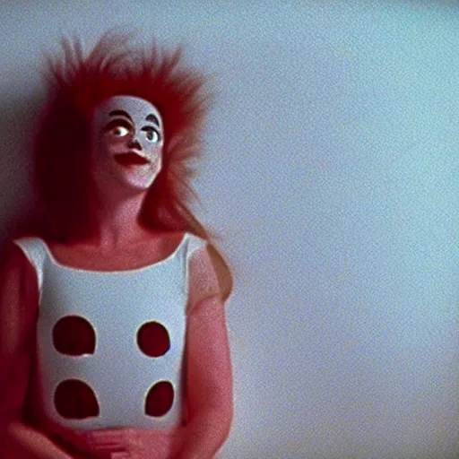 Image similar to still from a 1994 arthouse film about a depressed woman dressed as an inflatable smiley who meets a handsome younger man in a seedy motel room, color film, 16mm soft light, weird art on the wall